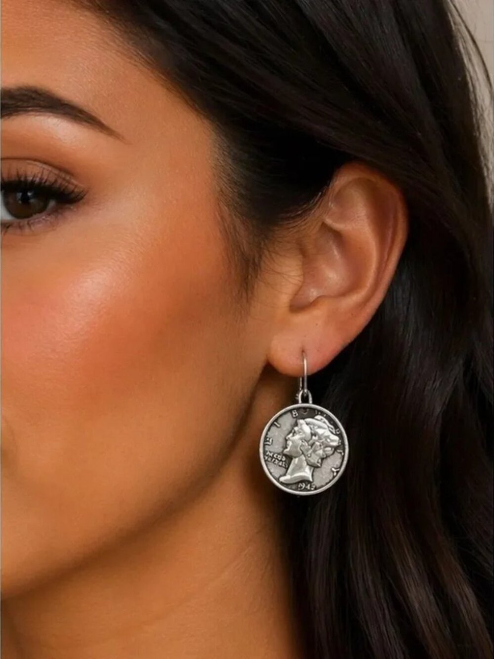 Silver-Tone Mercury Dime Drop Earrings - Classic Coin Style R 540